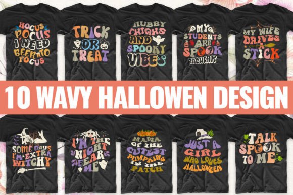 10 Halloween Wavy T-Shirt Designs & Graphics Bundle